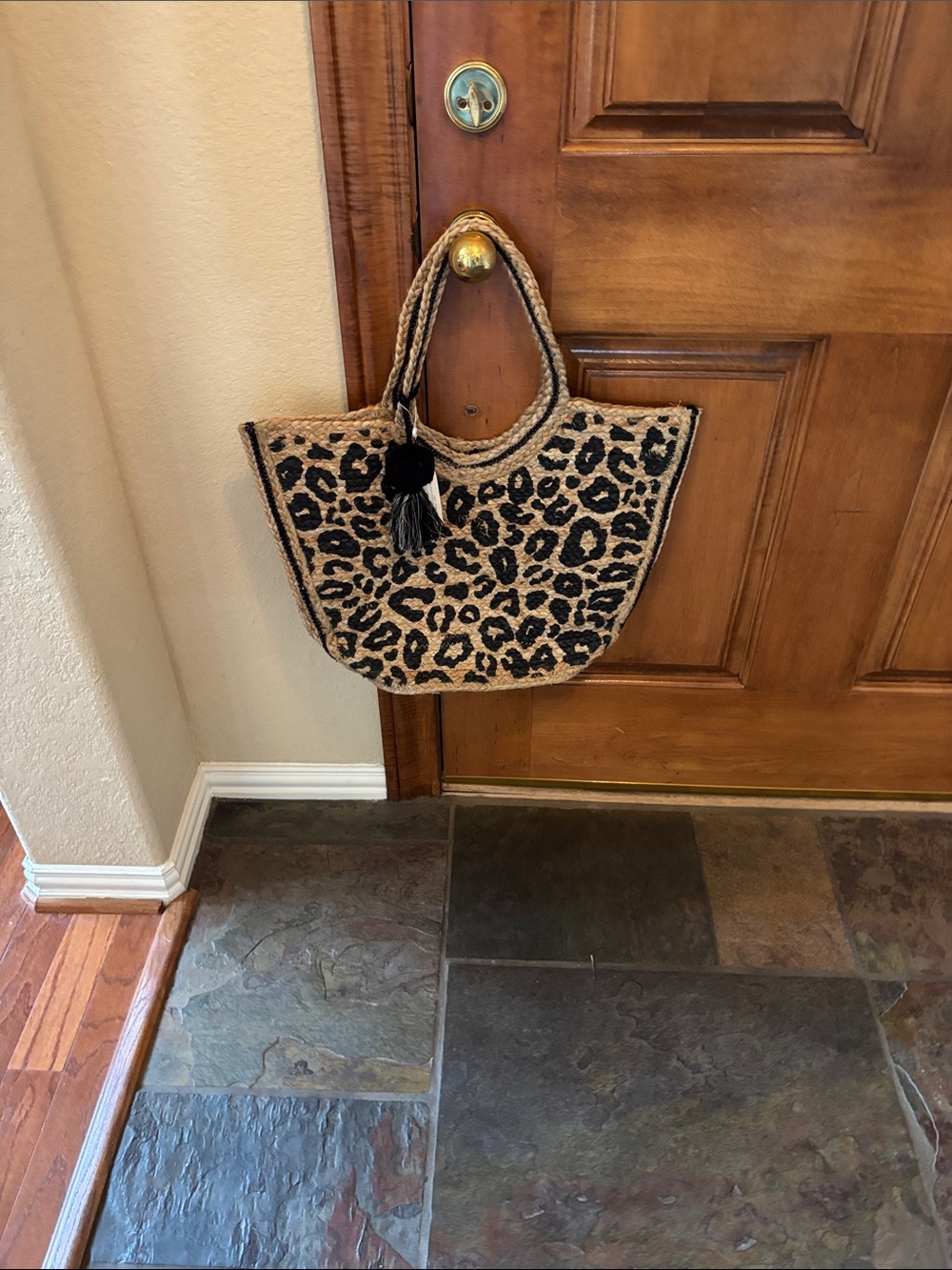 Leopard Print Jute Tote Bag - Black and Beige With Tassel